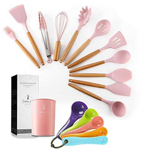 SIPLIV 17 pezzi set di utensili in silicone con manico in legno kit di utensili da cucina resistenti al calore utensili da cucina facili da pulire utensili da cucina per pentole antiaderenti - rosa