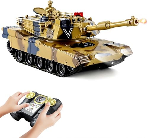 Réservoirs télécommandés pour enfants, réservoir RC 2,4 GHz avec fumée, lumières et sons, tourelle rotative à 350°, jouet de réservoir de l'armée Abrams 1/24 M1A2, modèle de véhicules militaires pour