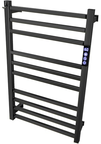 XBVV Black Towel Warmer Rack for Bathroom with Timer/Fahrenheit Display Electric Heated 10 Bars Drying Rail Plug-in or Hardwired Wall Mounted Heating Bath Towel Warming(Matte Black)