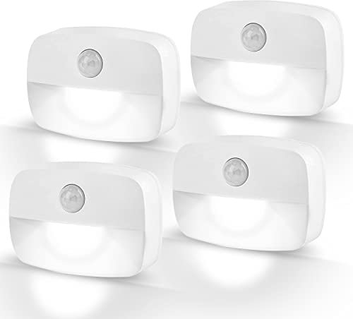 LED Motion Sensor Night Light, [4 Pack] Stick-On Night Light by Battery Powered, Stair Lights Motion Sensor, Auto/ON/Off Sensor Lights Indoors for Toilet, Hallway, Closet, Kitchen, Children's Room