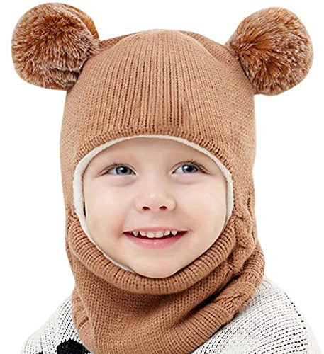Uposao Unisex Baby Jungen Mädchen Winter Schalmütze Strickmütze für 3-7 Jahre,Wintermütze Beanie Hut Schal Fleece Thermisch Strickmütze Schlupfmütze Schalmütze Babymütze mit Bommel,Kaffee