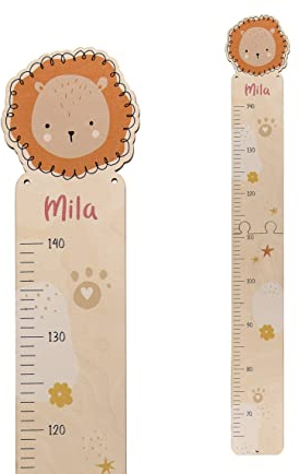 Personalisierte Kinder Holz Messlatte 'Lovely' aus Birkenholz mit Wunschnamen, Messlatte Kind Motiv Löwenkopf, ca. 15 x 100 cm