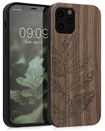 kwmobile Hülle kompatibel mit Apple iPhone 12 / iPhone 12 Pro Hülle - Holz Case - Handy Cover - TPU Handyhülle in Dunkelbraun Blätterzweig