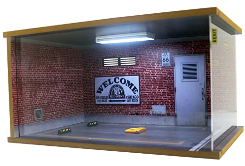 1/18 Scale Model Car Display Case - 1:18 Garage Display Case with Clear Acrylic Cover and LED Lighting for Die-Cast Cars, 1 Parking Route 66-Right