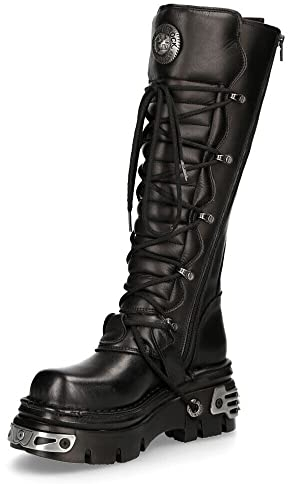 New Rock Stivali Alti fino alle Ginocchia 272-S1 in Pelle Nera Metallizzata con Chiusura con Lacci e Fibbia Stile Emo Gotico 6.5
