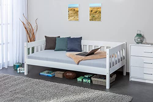 Dmora Einzelschlafcouch, in Kiefer massiv weiß, 98x205x63 cm, inklusive Lattenrost