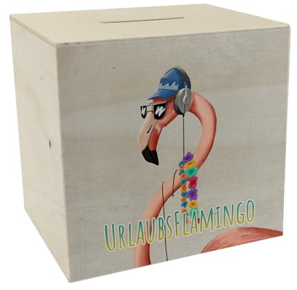 Spardose aus Holz mit lustigem Tier und Text für Urlauber - Urlaubsflamingo witziges Flamingo Geschenk für Menschen die viel in den Urlaub Fahren und vielleicht sogar auf eine
