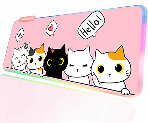 JMIYAV Kawaii Cat RGB Gaming Mouse Pad PC XL Large Extended Glowing Led Light Up Desk Pad Non-Slip Rubber Base Computer Keyboard and Mouse Pad Cool Cute Mousepad Mat 80 * 30cm