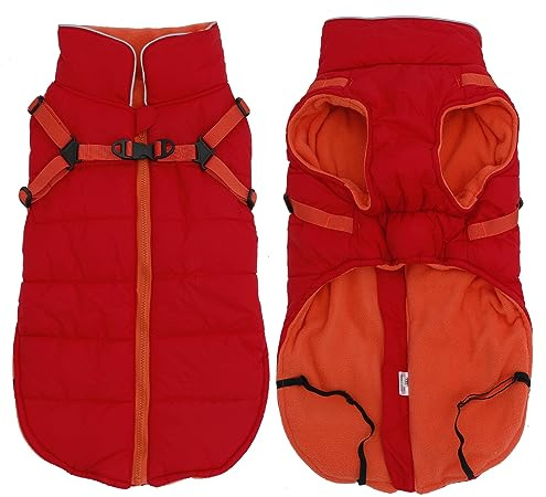 Babepet Hundemantel mit Geschirr, wasserdicht, mit Fleece gefüttert, reflektierend, Größe XL (Rückenlänge: 44 cm/17), Rot