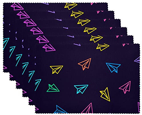 Paper Plane Rosy Yellow Blue Cartoon Navy Background Placemats Waterproof Wipeable Washable Table Mats