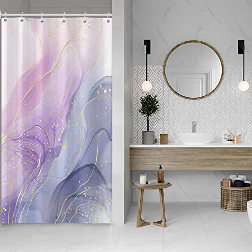 MIRRORANG Rideau de Douche en marbre Violet et Bleu, éléments en marbre coloré et Ensembles de Rideaux de Douche à l'encre dorée avec Crochets pour la décoration de la Salle de Bain,92x183cm