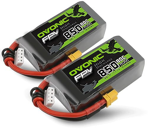 OVONIC 3S Lot de 2 batteries Lipo 80C 850 mAh avec XT30 pour avion, quadcoptère, hélicoptère, drone de course FPV