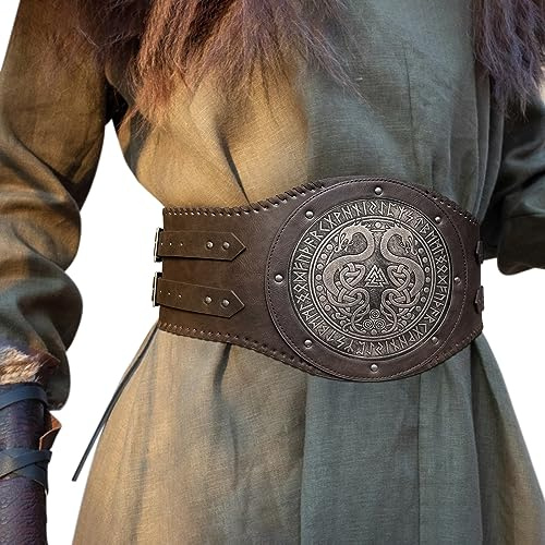 HiiFeuer Geprägter Wikinger-Doppeldrachen-Taillenpanzer, Vintage Norse Kunstleder breiter Gürtel, Mittelalterlicher Söldner Korsettgürtel