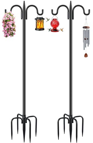 Gtongoko Double Shepherds Hook for Outdoor, 2 Pack 92 Inch Heavy Duty Bird Feeder Pole 3/4 Inch Thick Garden Hooks for Hanging Hummingbird Feeder, Plant Baskets, Solar Light Lanterns
