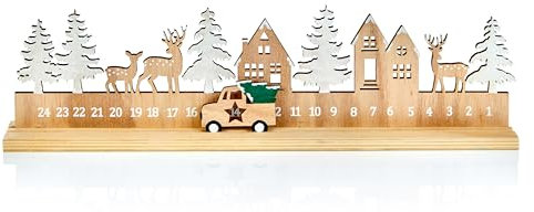 Premier Decorations 45cm Wooden Festive Christmas Trees and Motifs With Car Advent Calendar Xmas Decoration Traditional Countdown Sparkle
