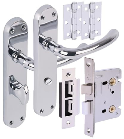 HANDLEZONE® Avis Door Handles on Backplate Bathroom Lock Pack with Ball Bearing Hinges - Polished Chrome