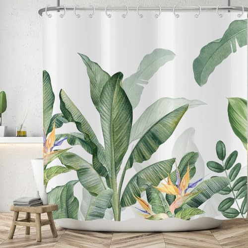 ASDCXZ Blätter Duschvorhang 180x220 cm, Frühling Einfachheit Tropical Grün Gelb Lila Blätter Weiß Bad Waschbar Duschvorhänge Polyester Textil Wasserdicht Badevorhang für Badewanne mit 12 Haken