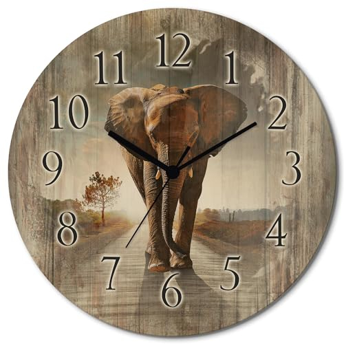 ARTLAND Wanddeko Wanduhr ohne Tickgeräusche aus Holz Funkuhr lautlos rund Ø 30 cm EIN Elefant läuft auf der Straße T9QO Tiere Elefanten Bilder