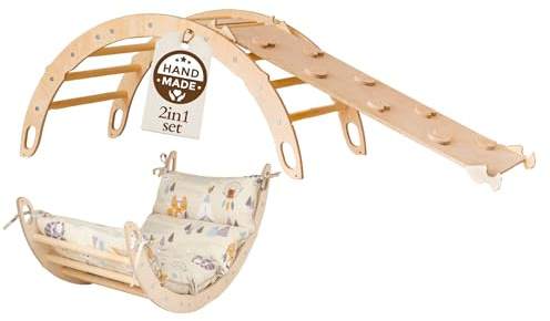 WoodsCraft Kletterbogen mit Kissen & Rutsche Indoor | Wippe Kinder & 2in1: Babyrutsche & Rampe | Holz Montessori Klettergerüst Indoor Spielgeräte & Spielplatz | Klettern Kinder Indoor & Klettern Baby