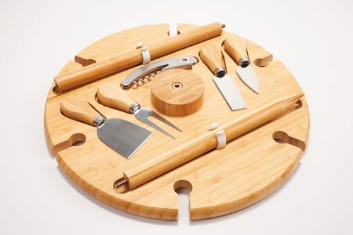 Luxuriöses Käsebrett Wein Tablett aus Bambus mit integriertem Messer-Set - Perfekt für Käse und Snacks - Elegantes Design für Jede Gelegenheit, Küchentablett, Servierplatte, Frühstückstablett