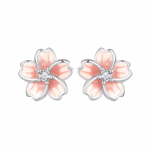 Qings Kirschblüten Ohrstecker für Mädchen 925 Sterling Silber Rosa Emaille Blumen Ohrringe Hypoallergen Ohrstecker Für Damen Mädchen Kinder
