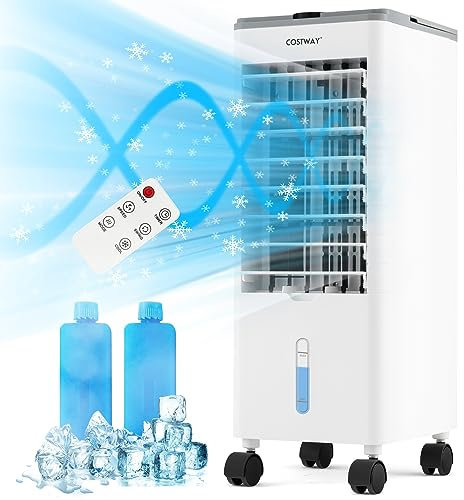 COSTWAY 4 en 1 Climatizador Evaporativo, 60W Enfriador de Aire Portatil, Ventilador con 3 Velocidades, Humidificador, 2 Acumuladores de Frío, 12H Temporizador, 2,8L Tanque de agua y Control Remoto