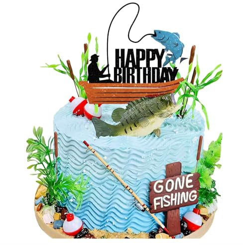 Fishing Cake Topper, Gone Fishing Cake Topper With Bass Reed For Fisherman Themed Decoration And Retirement Party Supplies