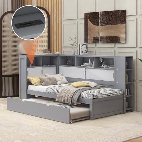 Dolamaní Stauraumbett Bett Ausziehbar 90x200cm(90x190cm) Holz, Ausziehbett mit Mehrere Ablagefächer, Einzelbetten mit Lattenrost, Tagesbett Ohne Matratze (Grau)