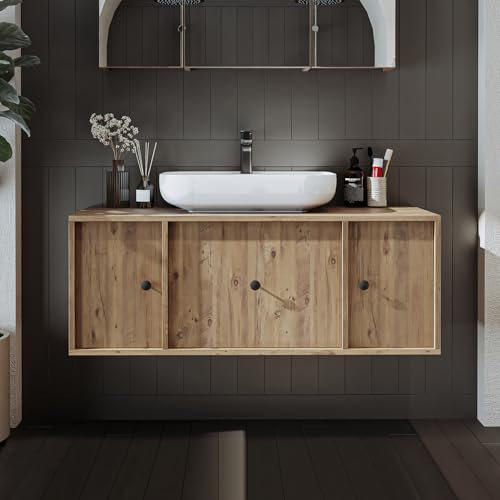 ROOMART Badezimmermöbel Set Gusto 120 cm 4 Teilig mit Keramik Waschbecken (Eiche, Unterschrank mit Waschbecken)