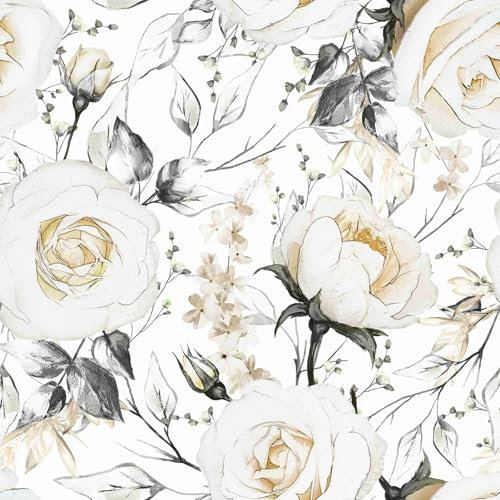 Wallpaper Vintage White Floral Wallpaper White Rose Peel and Stick Wallpaper,44.5×600cm White Floral Gray Leaf Wallpaper Bedroom Livinroom Cabinet Bathroom Waterproof Self Adhesive Vinyl Wallpaper