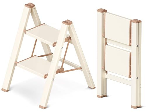 GameGem 2 Step Ladder, Folding Step Stool with Anti-Slip Wide Pedal, Aluminum Material Lightweight yet Sturdy, 150 KG Loading, Cute Modern Apperance for Indoor Household Spaces, Cream Chocolate