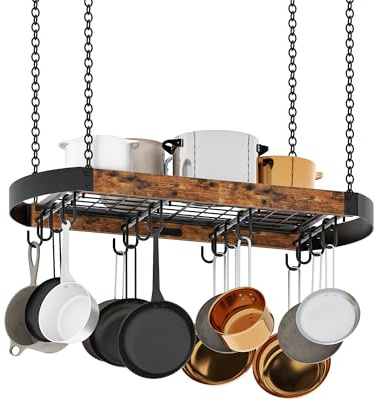 CHOEZON Porta Pentole Sospeso 80,5 cm, Porta Pentole per Cucina con Montaggio a Soffitto, Struttura in Metallo Resistente in Stile Industriale, Marrone Vintage e Nero DTPR09BF