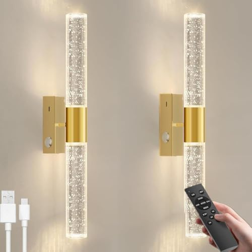 LOGT 2 Stück LED Akku Gold Wandleuchte Kabellose Kristall Wandlampe mit Schalter und Fernsteuerung Dimmbar Ohne Stromanschluss Wandbeleuchtung Gold Innen Nachttischlampe Up und Down Beleuchtung