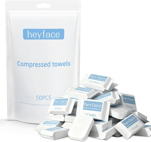 Heyface 50 PCS Compressed Towel Tablets,11.8”x11” Extra Large, Portable Disposable Face Towel, Super-Absorbent Compressed Towels for Travel, Camping, Hiking and Makeup Remover, Individual Packaging