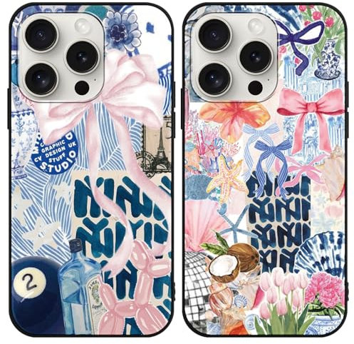 Phoona 2 Pack Cute Bow Case for iPhone 15 Pro 6.1, European Collage Preppy Summer Girly Design Pattern for Girls Women, Slim Soft Silicone Shockproof Bumper Protector Cover, Blue 01