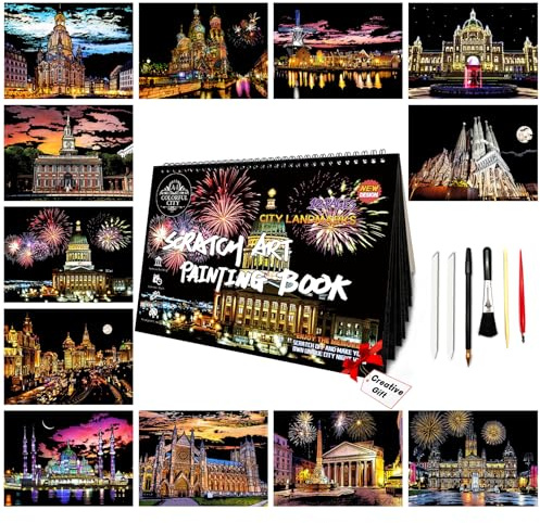 Scratch Art Malerei für Erwachsene & Kinder - 12-teiliges A4-Landmark-Gebäude-Scratch-Art-Buch-Set | Scratch Painting Papier-Craft-Kit | Stressabbau-Geschenk für Reise- & Bastelliebhaber | Kreative