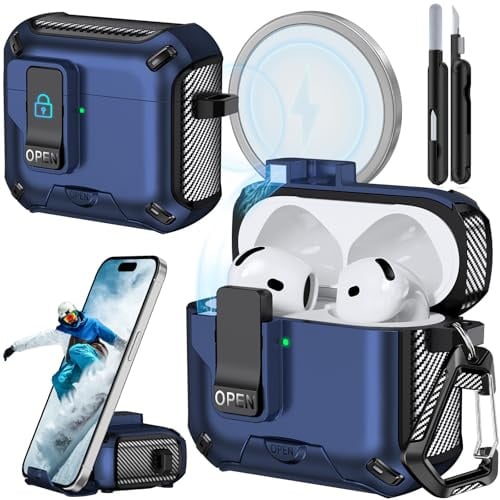 Joremx für AirPods 5/4 Magnetische Hülle mit Telefonständer(Dunkelblau) | Magnet-Autopop&Rückseitige Magnetbefestigung(Für MagSafe),Carbon Faser Design,mit Reinigungsstift,für AirPods 5 / 4