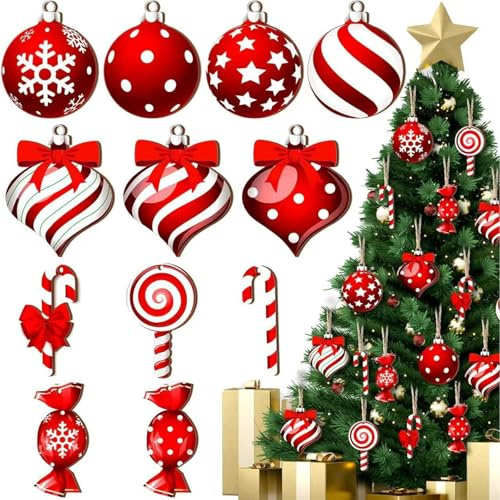 KASESSS 36 Pieces Christmas Tree Decorations Wooden, Xmas Tree Decorations with Cords, Cane Candy Shape Wooden Christmas Decorations, Christmas TrEe Ornaments for Gift DIY Crafts, Party Decor
