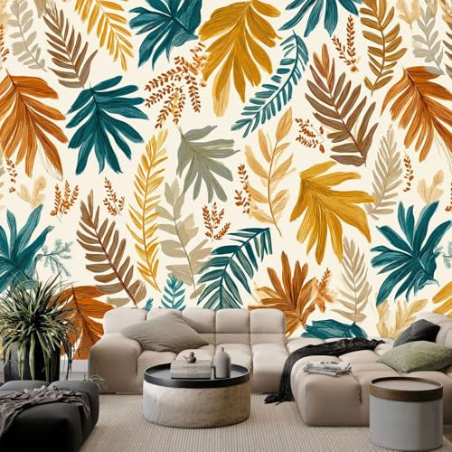 Générique Papier Peint Photo Tropical Feuilles Plantes, Papier Peint Intissé Jaune Moutarde pour Salon Chambre à coucher et Appartement - Poster Décoratif Fresque Murale 150 x 105 cm (L x H)