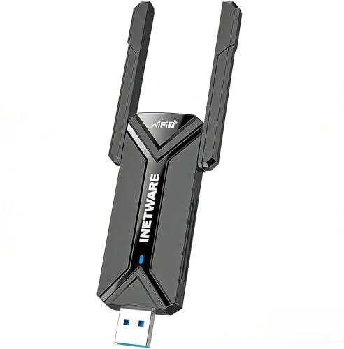 INETWARE BE6500Mbps USB WiFi Adapter, WiFi 7 Adapter USB 3.0 WiFi Dongle Tri-Band 6G/5G/2.4G, High Gain Wireless WiFi Adapter for PC/Laptop, Supports Window10/11, WPA3, with Dual 5dBi Antennas