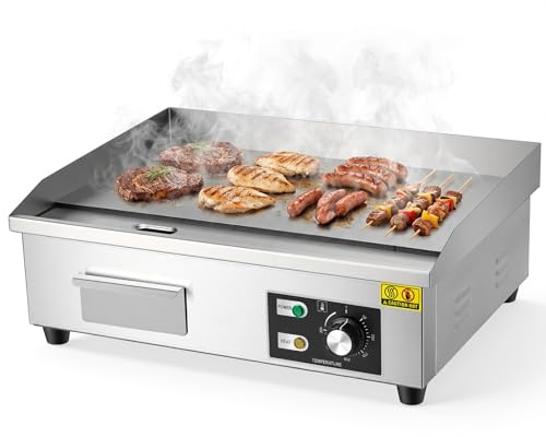 Commercial Electric Griddle, 54.5cm Large Electric Teppanyaki Grill Stainless Steel Flat Top Grill with 3000W, Adjustable Thermostat 50-300℃, Non-Stick with Removable Tray for Commercial, Home Use