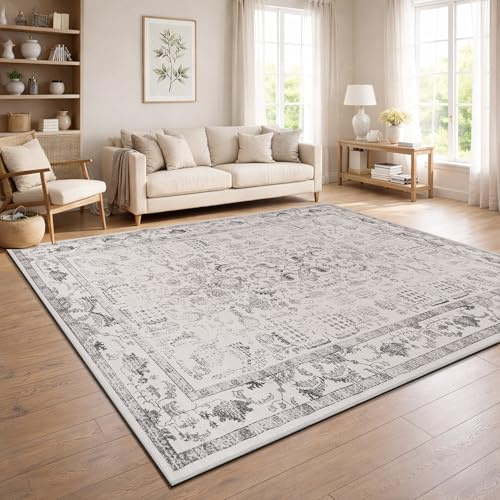Paco Home Vintage Wohnzimmerteppich Kurzflor Boho Stil Waschbar & rutschfest pflegeleicht modernes Retro Design, Farbe:Grau 3, Größe:120x160 cm