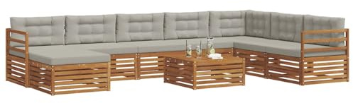 vidaXL Sofagarnituren 9 pcs Natürlich und Hellgrau Massivholz Akazie, Akazienholz Outdoor-Sofa-Set, modernes Gartenmöbel, Bequeme Liege, modulare Design, Poolbereich geeignet
