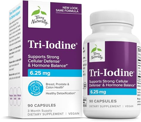 Terry Naturally Tri-Iodine - Support Thyroid Health - Aids Hormone Balance with Molecular Iodine from Kelp - Features Potassium Iodide & Sodium Iodide - Brain & Energy Support - 6.25mg, 90 Capsules
