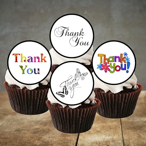 Thank You Edible Cupcake Toppers Theme #1, Thank-You Cake Decorations, With Thanks Birthday Gift, 24 x 4cm/1.5 Inch PRECUT