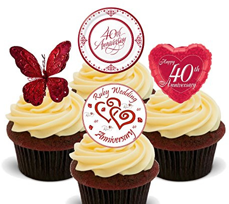 Ruby Wedding 40th Anniversary Edible Cupcake Toppers - Stand-up Wafer Cake Decorations (Pack of 24)