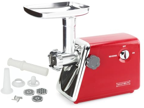 ROYALTY LINE, Picadora de Carne Roja 600W RLMG5-RED, Cuchillas de Acero Inoxidable, Accesorios Incluidos, Empujador, Accesorio para Salchichas, Facilidad de Uso y Práctica Limpieza