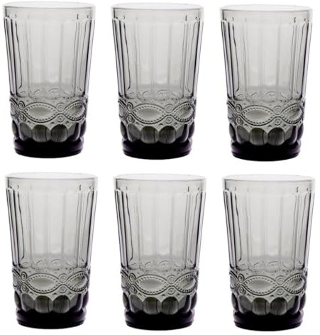 Lot de 6 verres à vin vintage colorés avec gaufrage (nœud/gris/noir/250 ml) - Verres à champagne, carafe, bol à dessert, verre à boire, verre à vin, verre à eau, verre à champagne