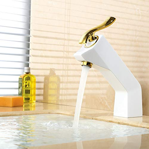 YHSGY Waschtischarmaturen Waschtischarmaturen Moderne Weiß & Gold Bad Wasserhahn Einlochmontage Kalt Warmes Becken Kran Wasserhahn Waschtischarmatur Mischbatterien Torneira