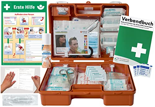 Verbandskoffer/Verbandskasten (M) Typ S -Paket 2- Erste Hilfe nach aktueller DIN 13157 für Betriebe -DSGVO- INKL. PERFORIERTEM VERBANDBUCH + Sprühpflaster & AUSHANG